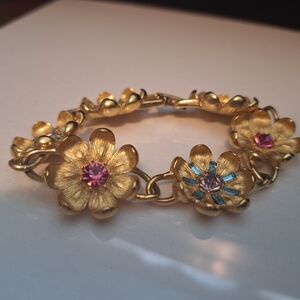 Trifari Floral Gold Toned Bracelet with Pink and Blue Gems